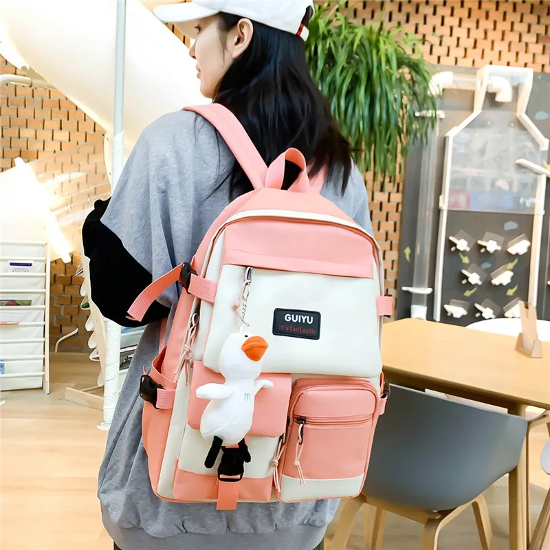 4 Pcs Set Women Canvas School Bags for Teenage Kawaii College Student Kids Book Bag Rucksack Large Capacity Ins Laptop Backpack