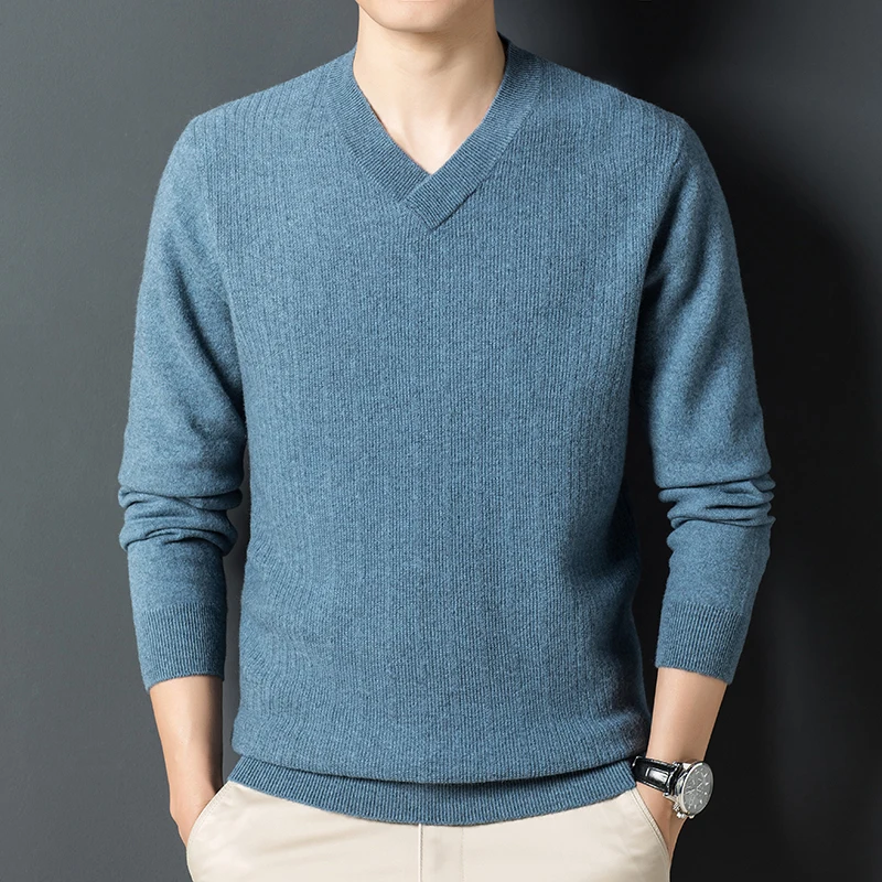 

Мужской Однотонный свитер с V-образным вырезом на осень и зиму новинка из 100% шерсти вязаный корейский Повседневный модный мужской свитер