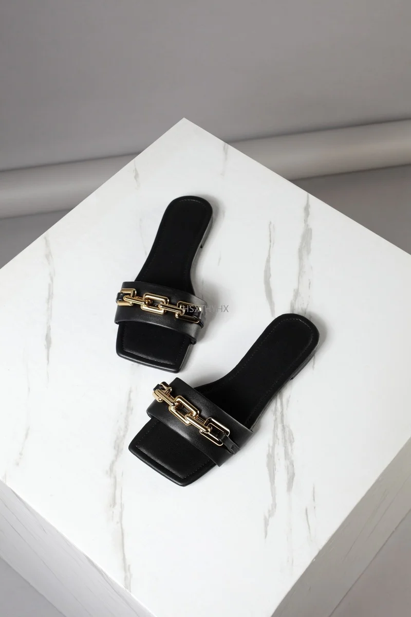 

Women's Slippers 2022 Summer Transparent Chain Luxury Square Head Flat Heel Female plus size outdoor beach women slides Sandals