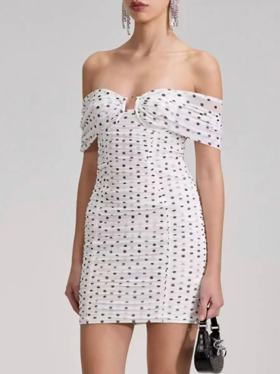 

Women Polka Dot Print Slash Neck Sexy 2023 Summer Mini Dress