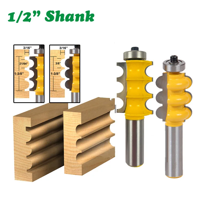 

2PC/Set 1/2" 12.7MM Shank Milling Cutter Wood Carving Triple Bead Column Molding Router Bit Set Line Tenon Woodworking Cutter