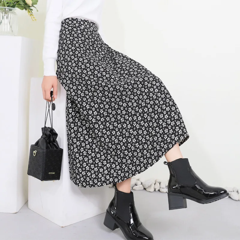 

Skirts Pastoral Floral Print Women's Autumn And Winter High Waist Elastic Twill Big Swing A-line
