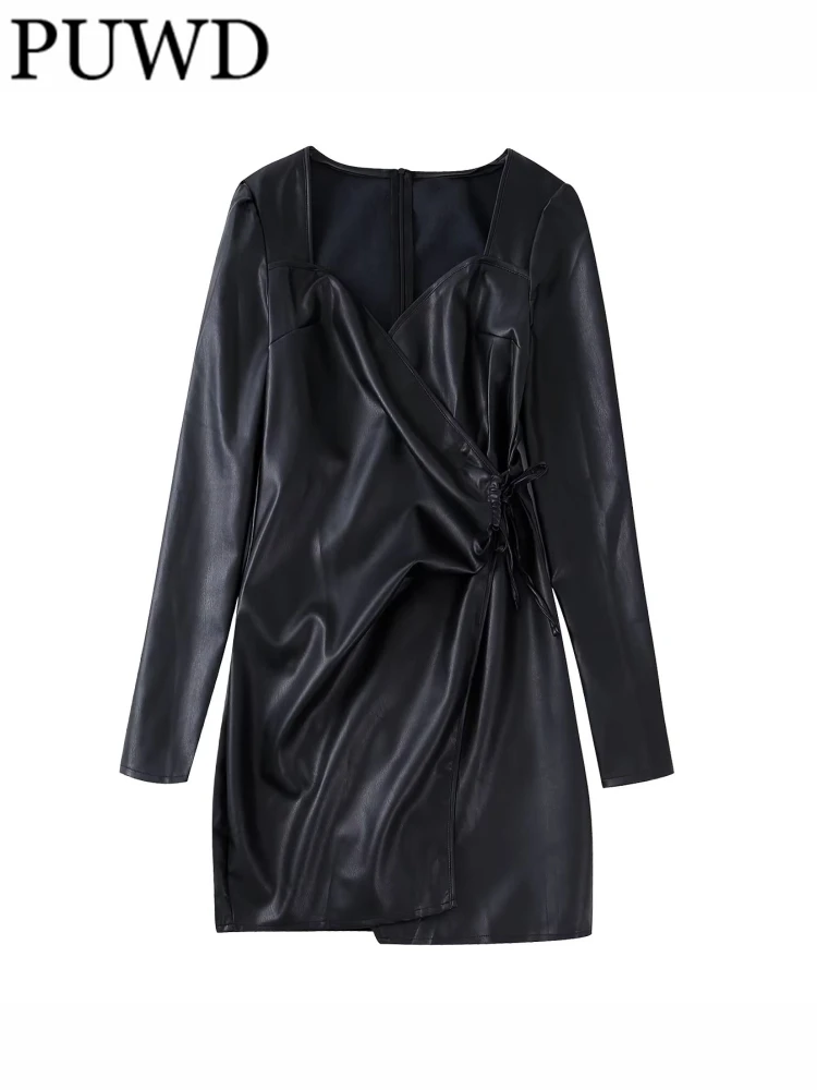 

PUWD Women Slim Black Faux Leather Double-breasted Dress 2022 Fall Vintage Long Sleeve Female Dresses Vestidos Mujer