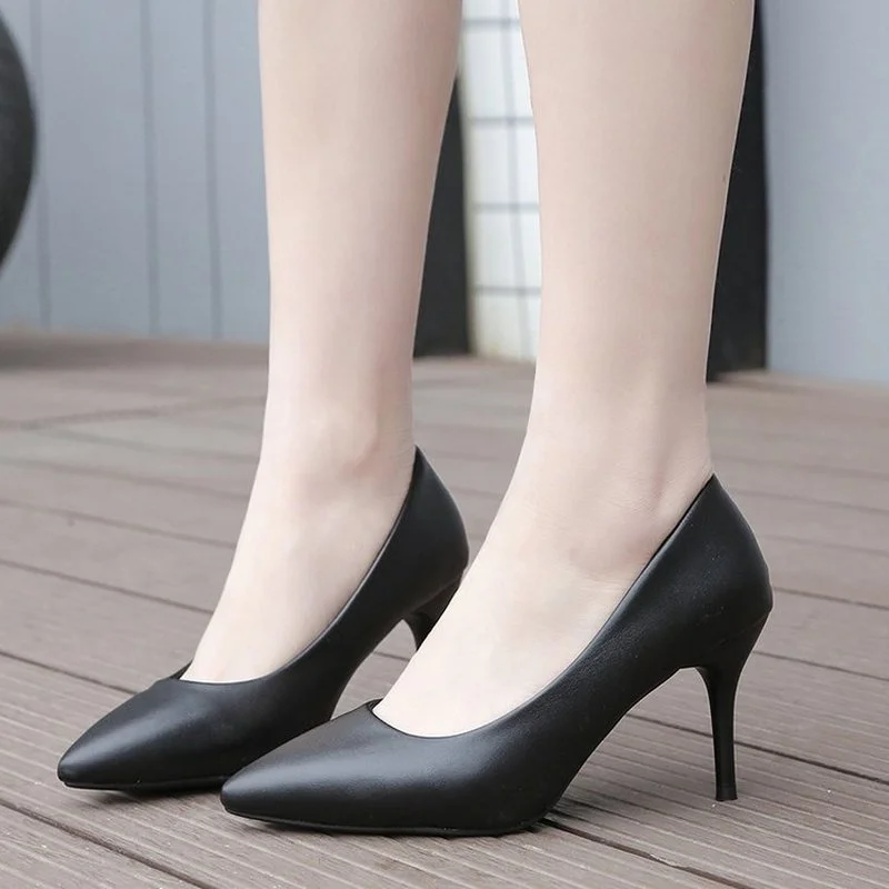 

New Comfortable Leather Women Black White Wedding Shoes Bride Low Med Thin High Heels Office Work Pumps For Woman