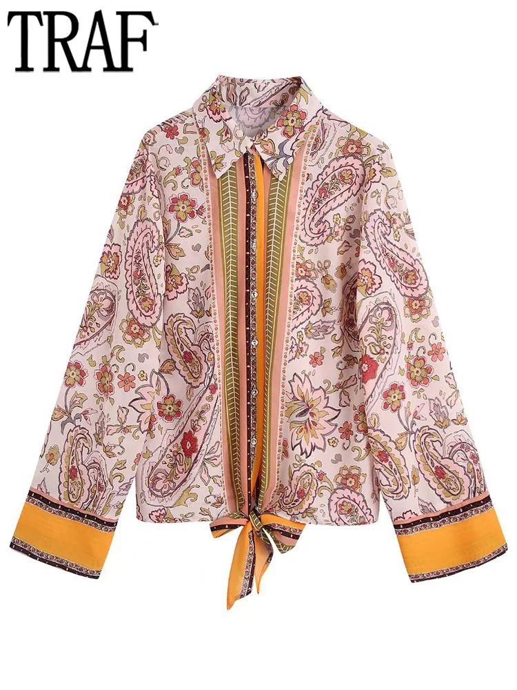 

TRAF Boho Print Women Shirt Bow Button Up Shirts for Women Summer Chiffon Blouses Women Casual Long Sleeve Semi Sheer Top Female