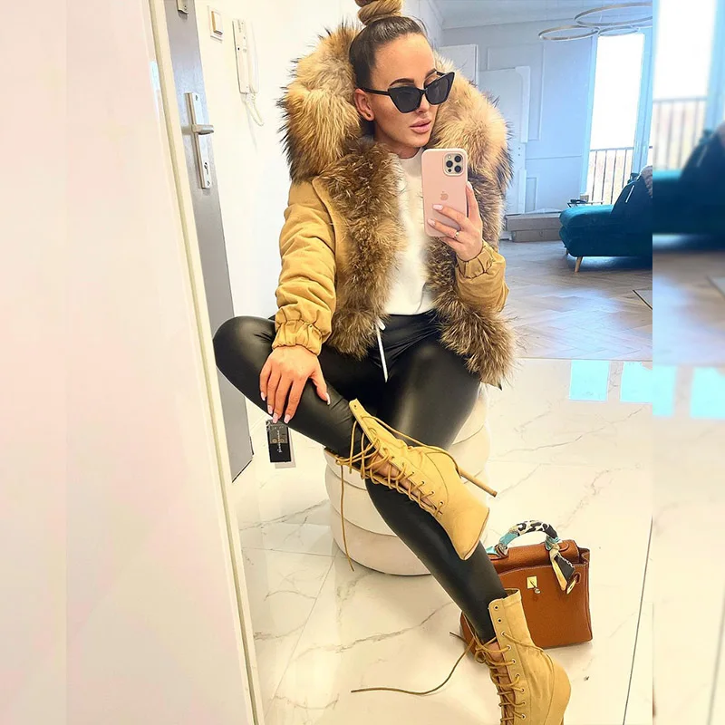 Women's Winter Natural Raccoon Big Fur Collar Parka Real Fox Fur Stylish Thermal Coat Female Short Bomber Slim Leisure Jacket