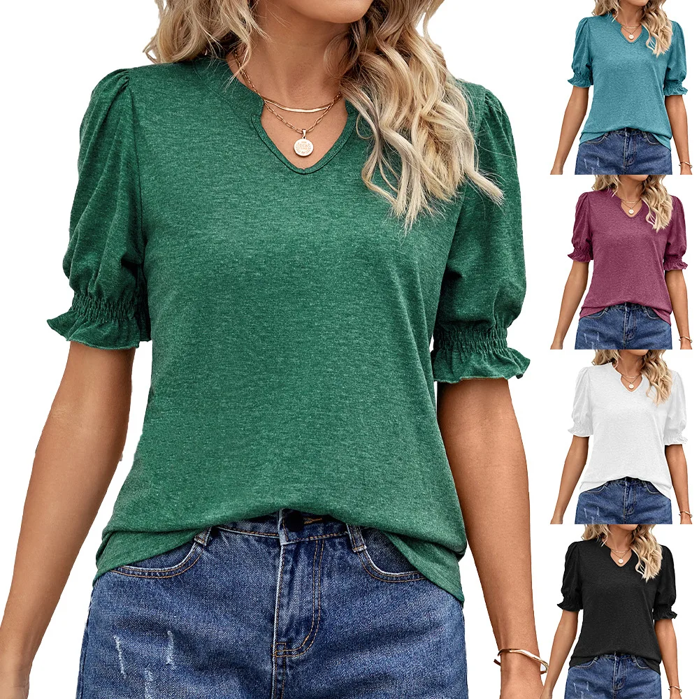 

Summer New Solid Color U-Neck Temperament Commuting Fashion Straight Sleeve Spring Pullover Pleated Short Sleeve T-shirt Top For