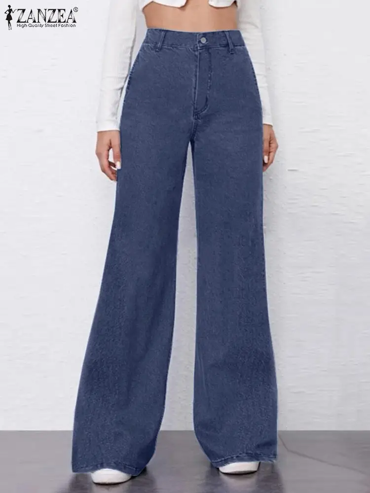 ZANZEA Summer Solid Button Loose Trousers Woman Stylish Jeans Long Pants Vintage Ankle Length Pantalon OL Office Palazzo 2023