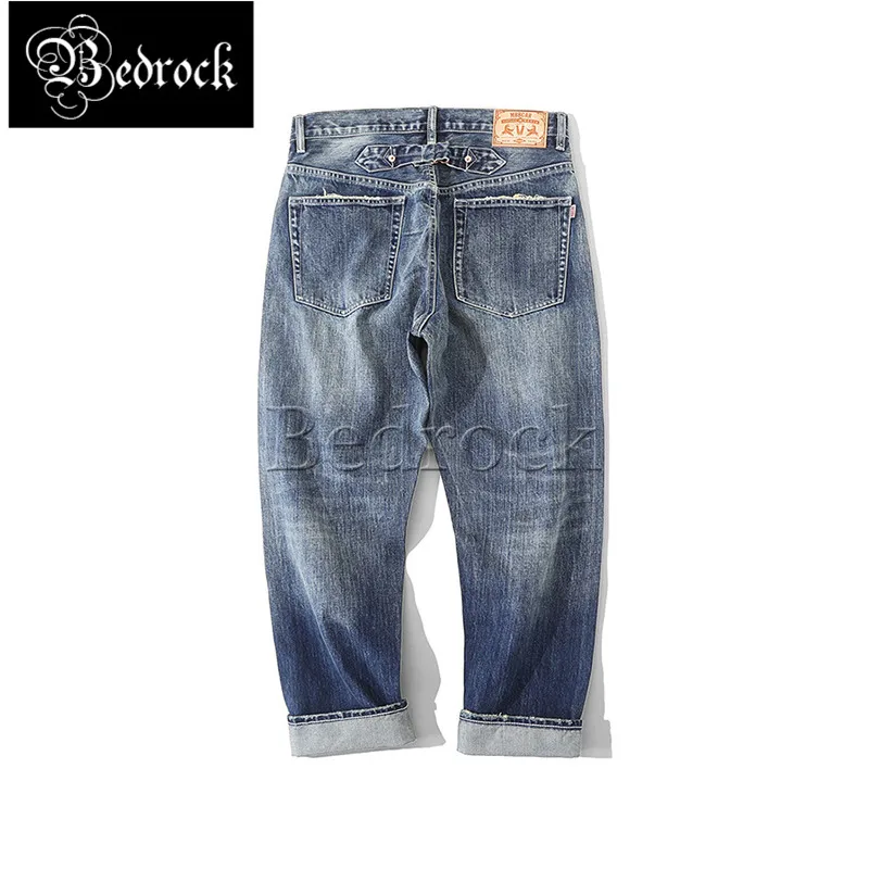 MBBCAR 11oz blue retro high end one washed jeans worn out old cat whiskers ripped cropped pants red line denim pencil pants 7404