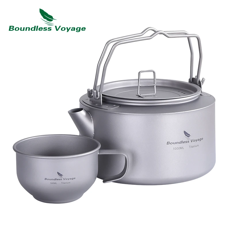 Boundless Voyage 1L Outdoor Titanium Camping Water Tea Kettle with Folding Handle Ultralight Big Capacity Pot 700ml Teapot Cup