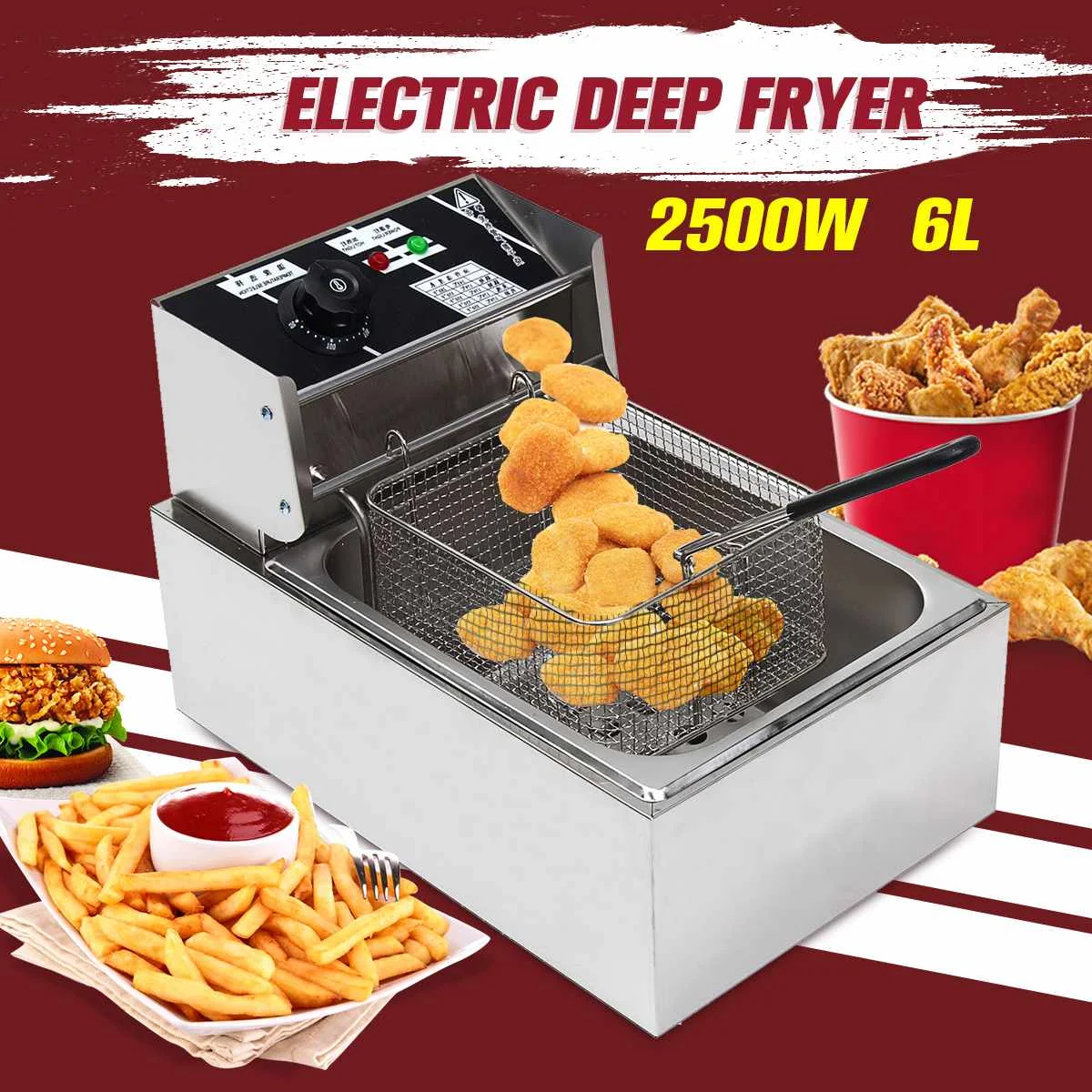 

Electric Fryer 6L Fast Heating Deep Tank Stainless Steel Kitchen Frying Pan Adjustable Thermostat Cooking Appliances Commercial