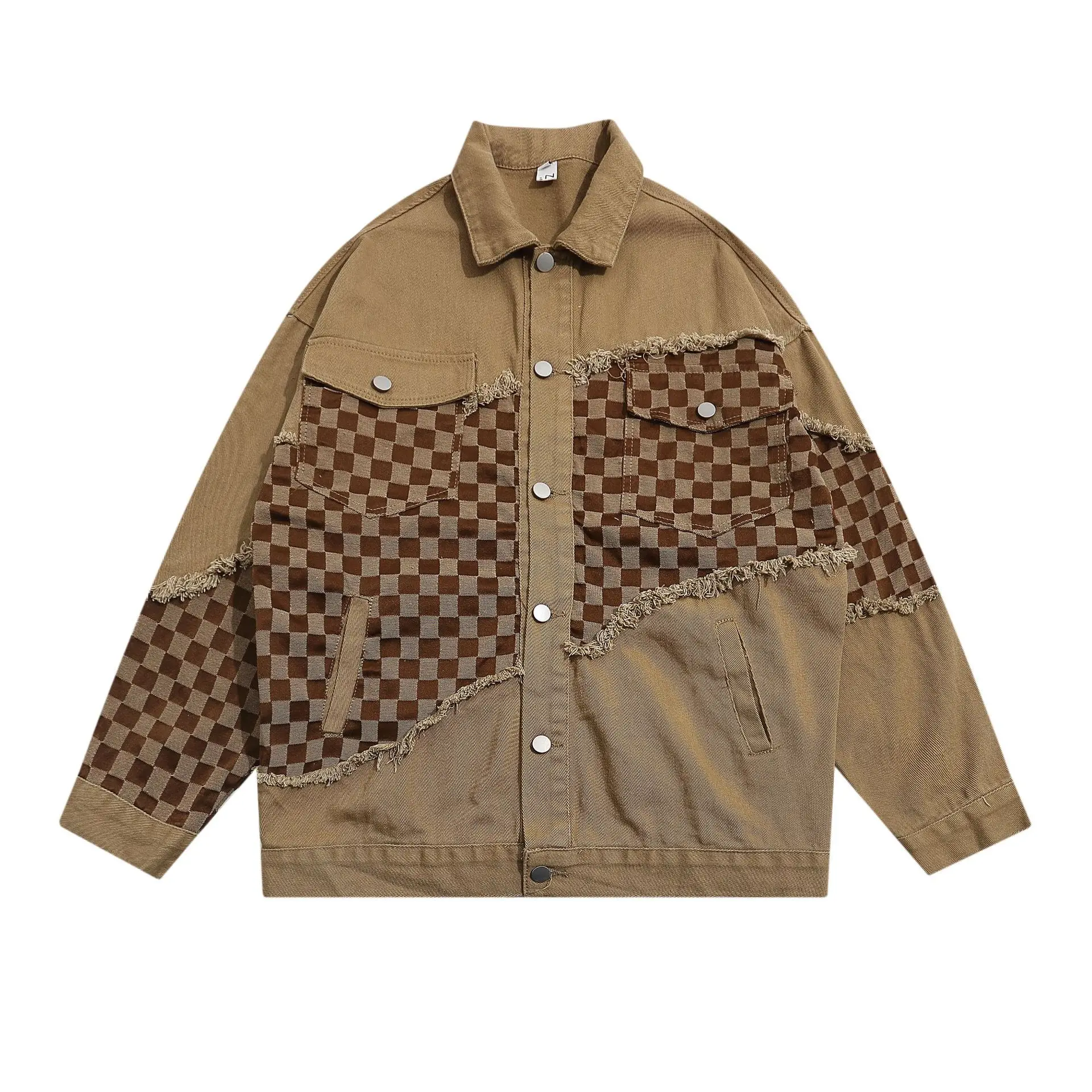 2022 Vintage Stitched Checkerboard Denim Jacket Street Trend Couple Streetwear Loose Jackets for Men