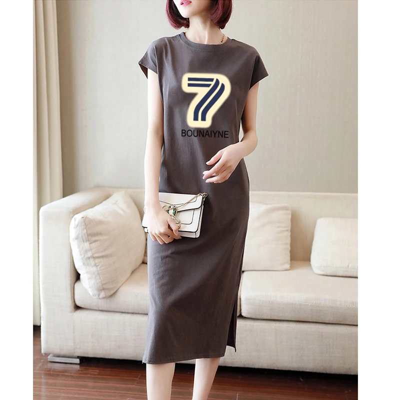 Хлопковая длинная футболка выше колена без рукавов юбка женское летнее новое