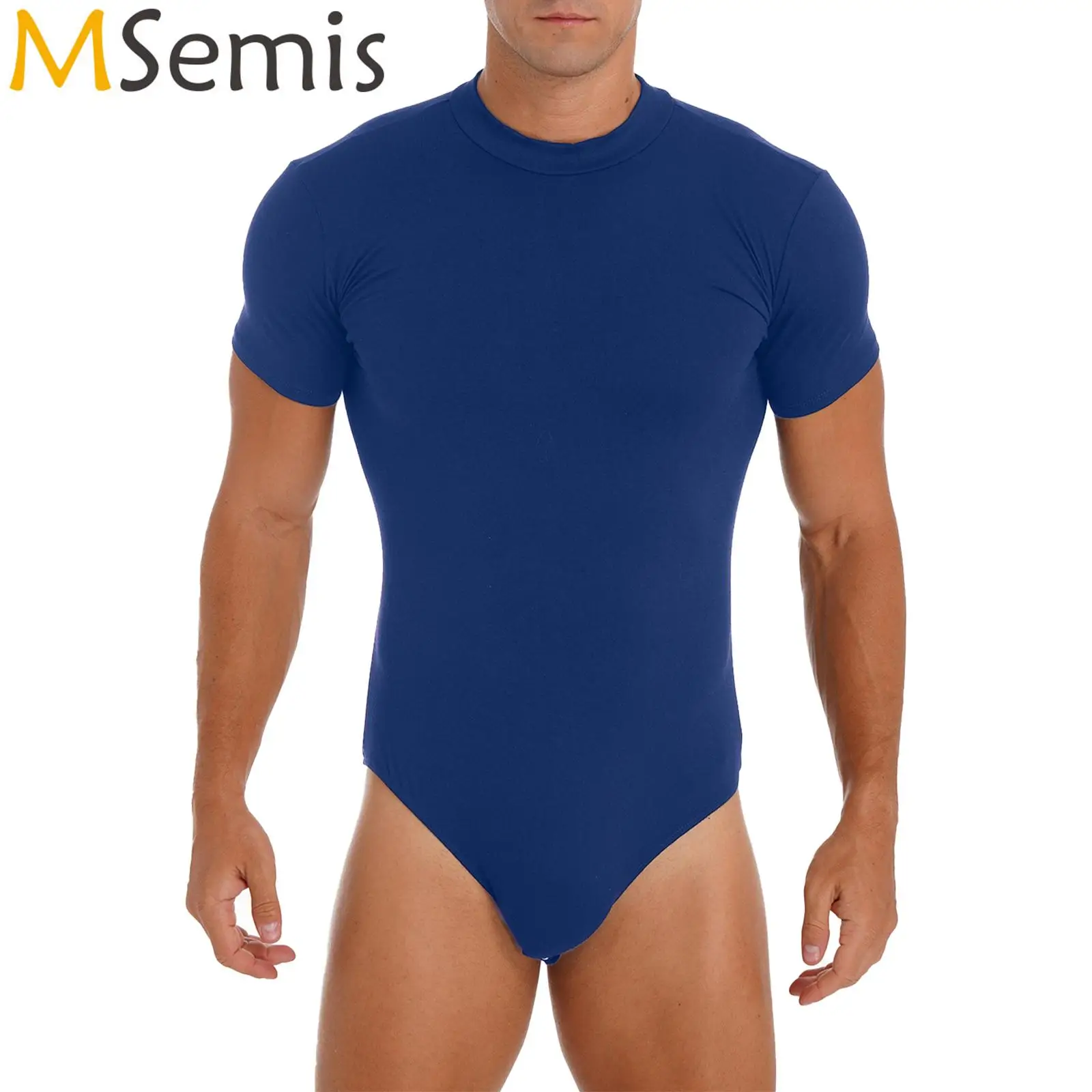 

Mens Casual Solid Color Skinny Jumpsuit Crew Neck Short Sleeve T-Shirt Body Top Leotard Undershirt Press Button Crotch Bodysuit