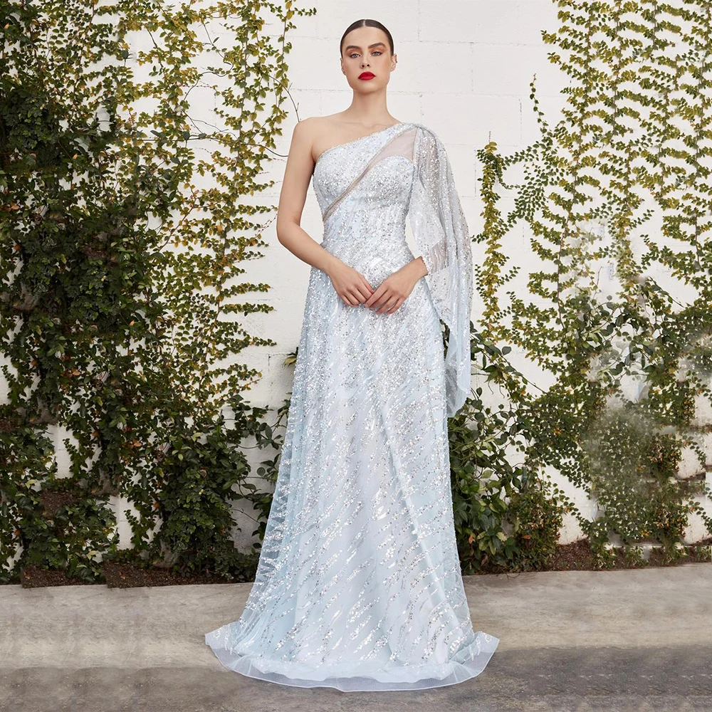 

Long One Shoulder Sequined Evening Dress Woman Floor Length Simple Celebrity Dress Exquisite Formal Party Gown 2022 Ladies