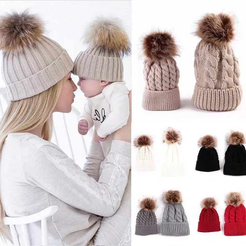 Matching Hats 2Pcs/Set Mother Kid Baby Child Warm Winter Knit Beanie Fur Pom Hat Crochet Ski Cap Soft Solid Hat  Cute