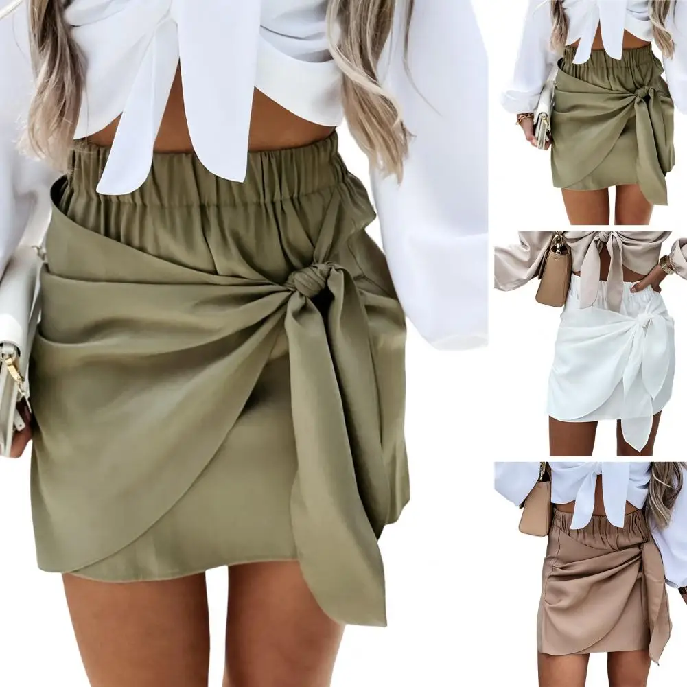 

Women Summer Solid Color Mini Skirt Elastic High Waist Knotted Strappy Short Skirt For Girls White/Khaki/Green Streetwear