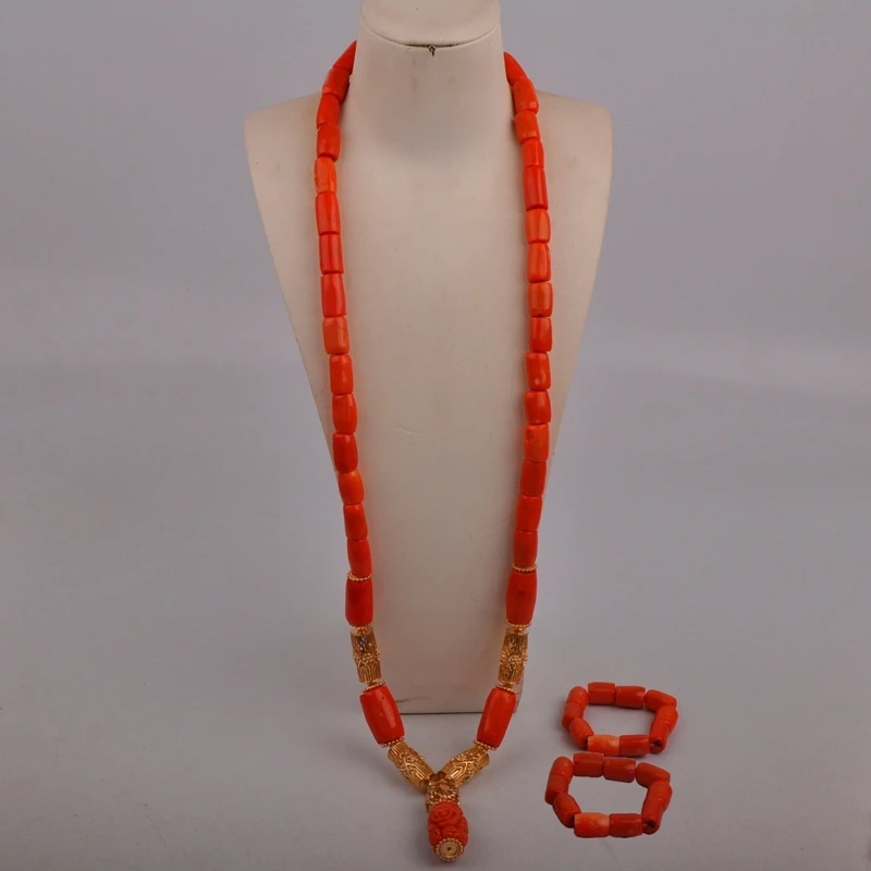 

40inches Orange Coral Jewelry Set for Men Nigerian Wedding African Groom Jewelry Sets 23-526AC