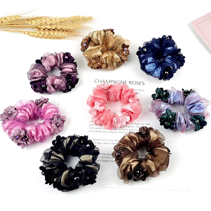 

Elegant Flower Accessories Organza Large Intestine Hair Ring Plum Blossom Hair Rope Mother Updo Hair Rubber Band Wholesale