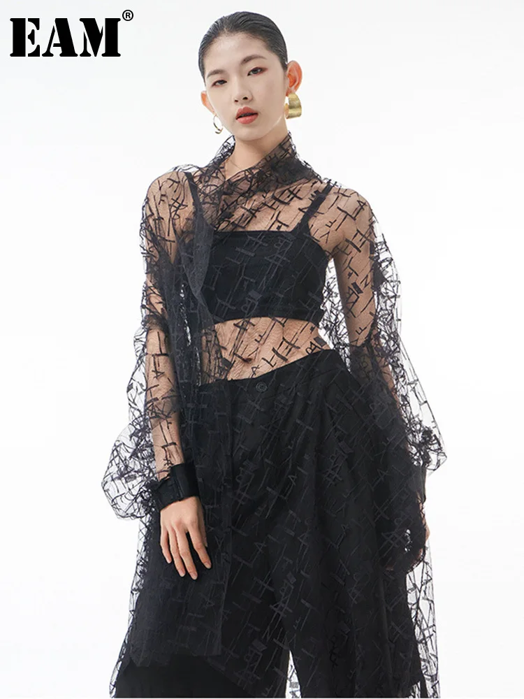 

[EAM] Женская черная блузка с геометрическим рисунком, большие размеры, новая рубашка с длинными рукавами и лацканами, модная весенне-осенняя 2023, 1DE7831