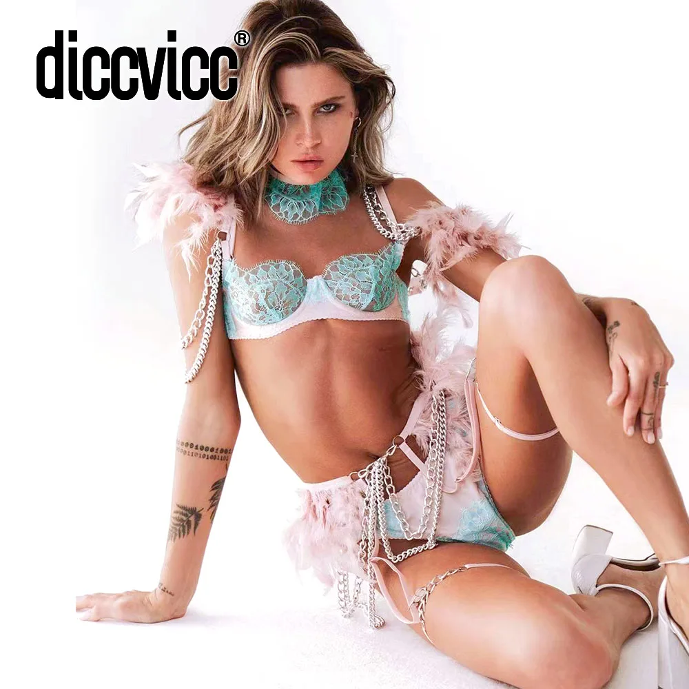 

Diccvicc Lingerie for Women Feather Deco Floral Embroidery Underwire Bra & Briefs Set with Chain Sexy Underwear Fancy Outfits
