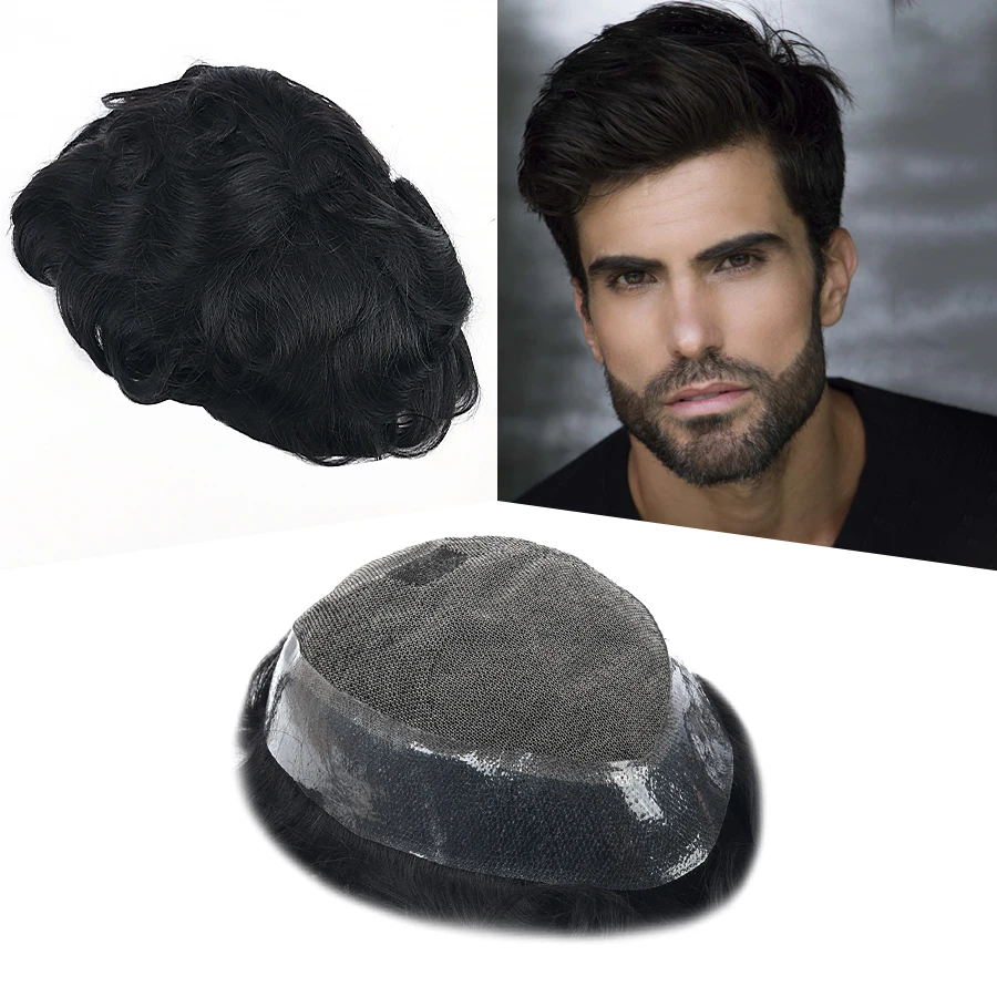 AW Lace and PU Base Toupee For Men Breathable Male Wig 100% Human Hair Men's Capillary Prothesis Replacement Exhuast Systems