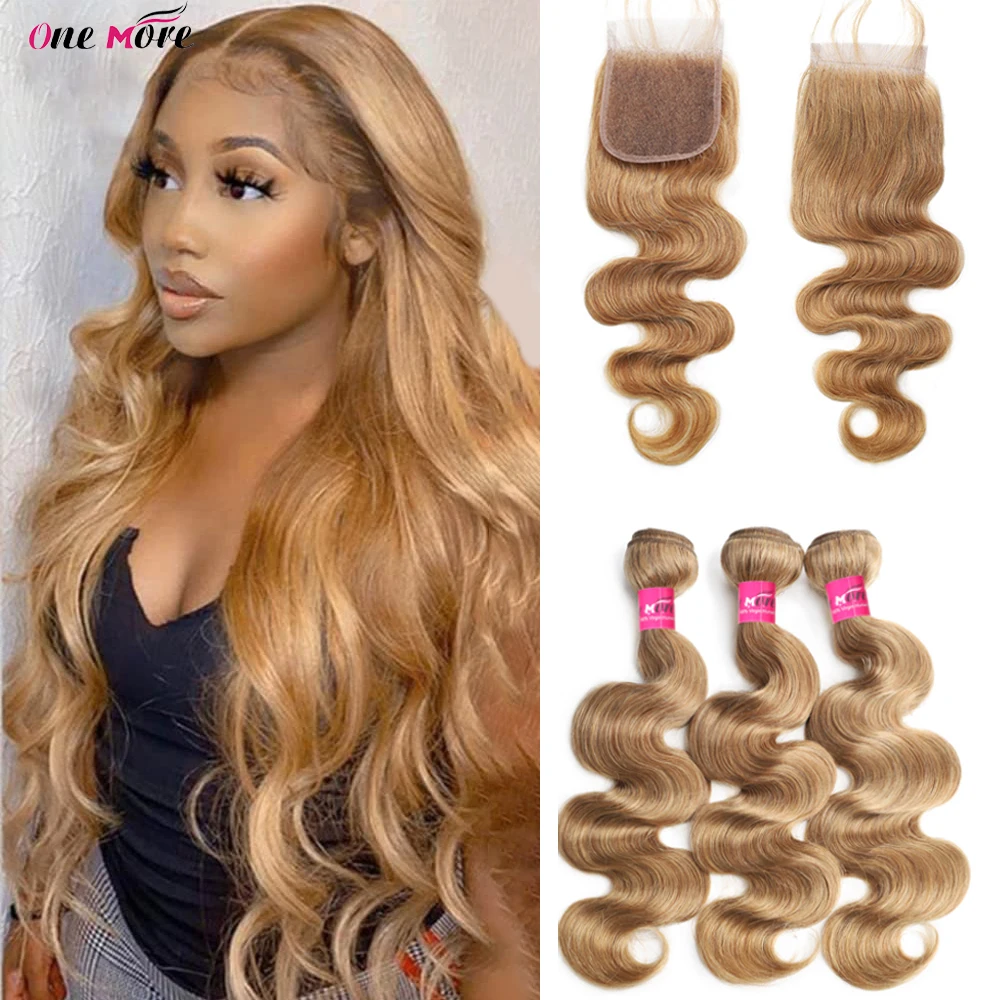 #27 Honey Blonde Bundles With Closure 4x4 Inch Body Wave Bundles With Closure 100% Human Hair Bundles with Closure Free Part