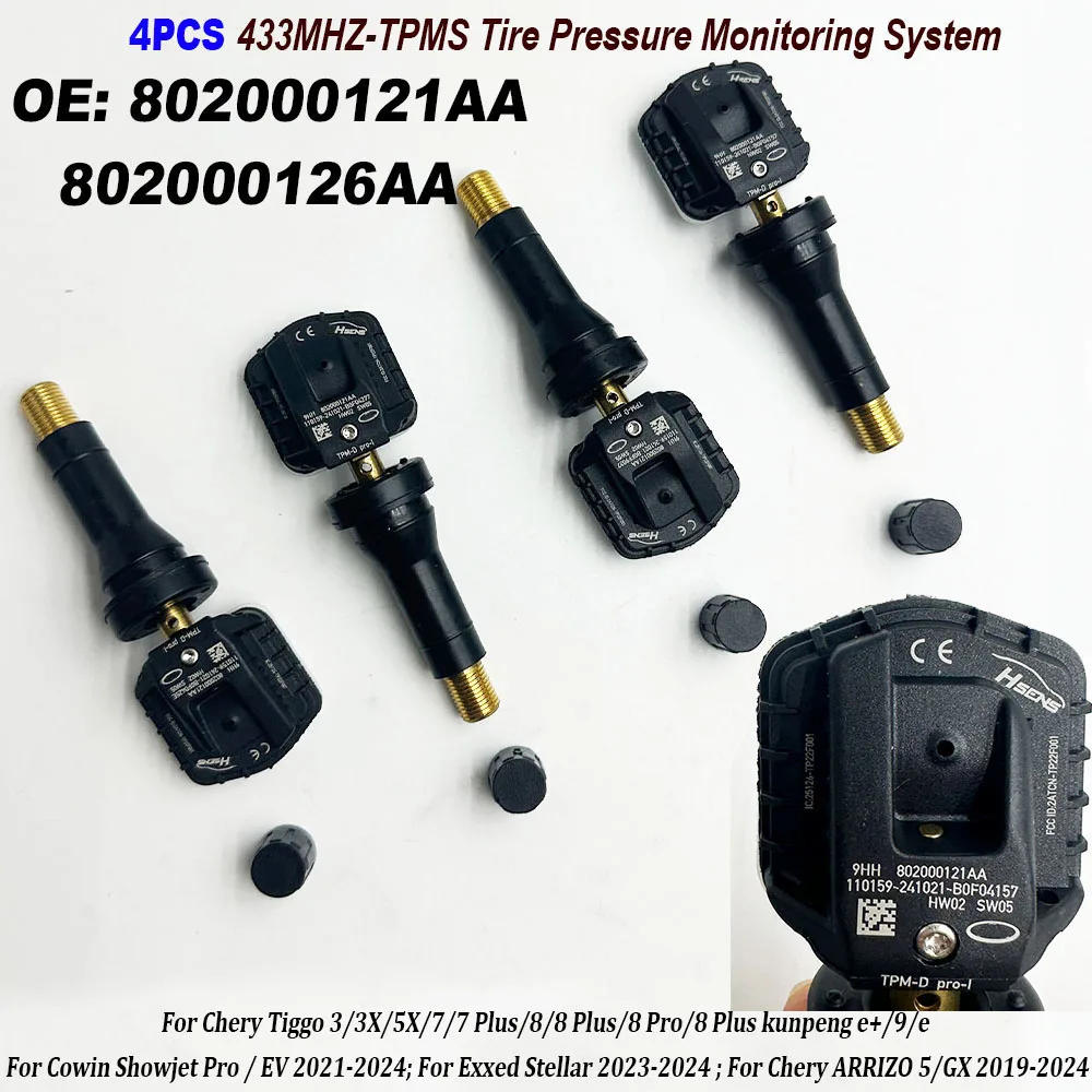 4шт. 802000121 АА 802000126 Датчик контроля давления в шинах AA 433 МГц TPMS для Chery Tiggo 8 Plus kunpeng e+