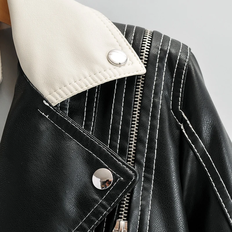 2022 Spring Autumn Women Short Faux Leather Jacket Black White Splicing Moto Bike PU Coat Slim Zipper Design Locomotive Outwear