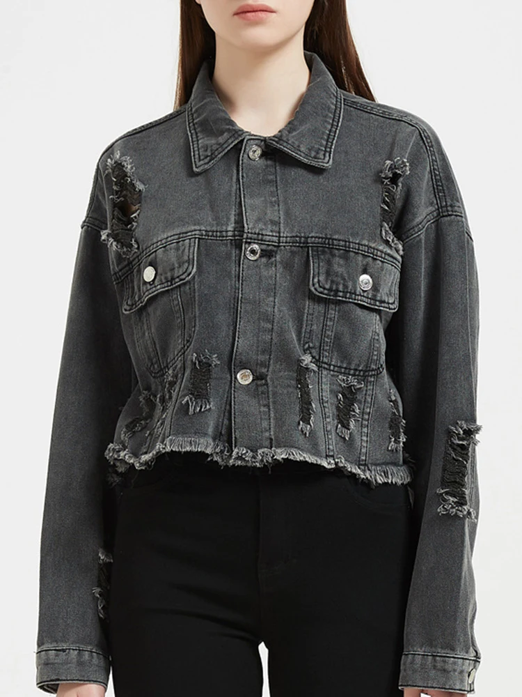 

Женская джинсовая куртка Ailegogo, винтажная свободная однобортная куртка с потертостями и необработанным подолом, верхняя одежда, весна-осень