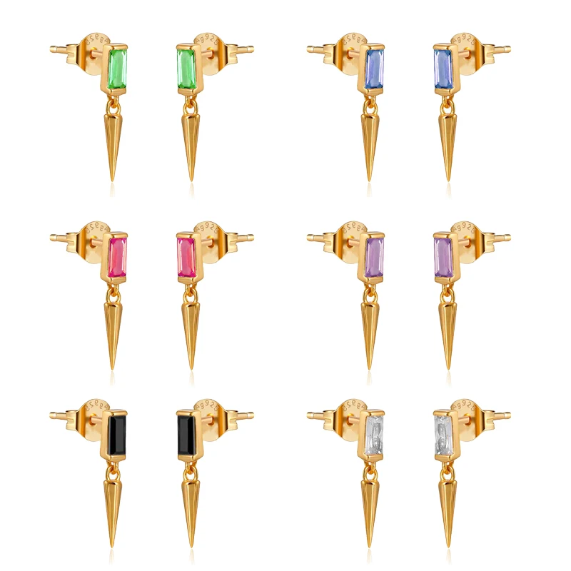 

925 Sterling Silver Ear Needle Metal Rivet Pierced Stud Earrings for Women Black/Green/Blue/White Color Earrings Wedding Jewelry