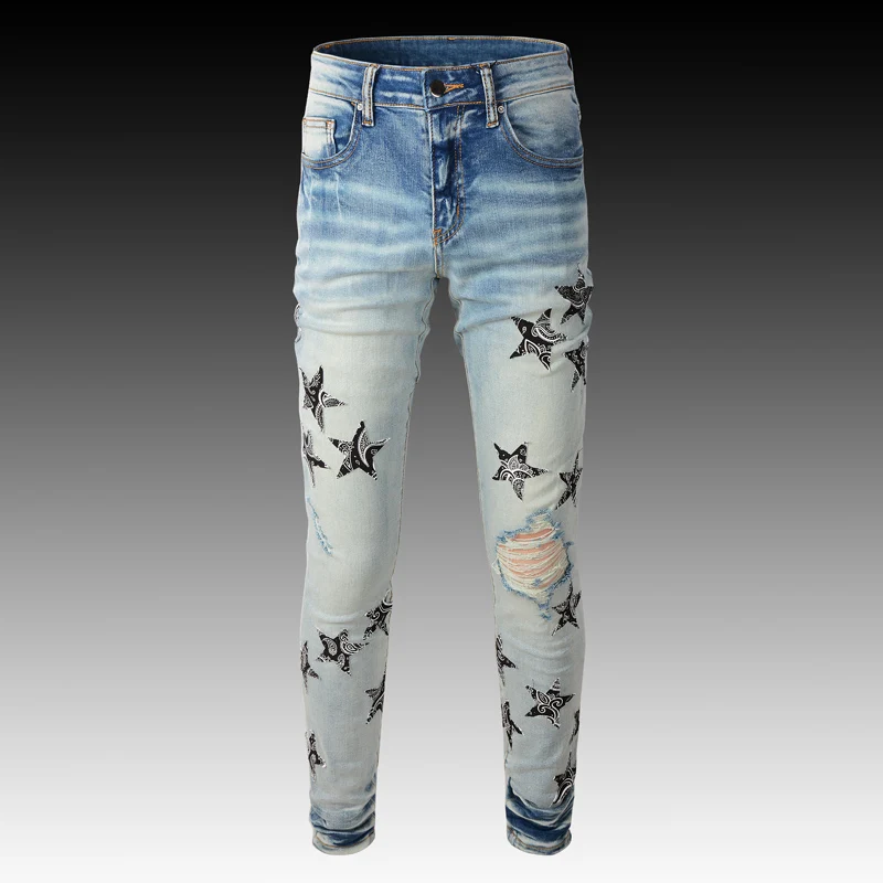 Streetwear Fashion Men Jeans Retro Light Blue Elastic Slim Fit Ripped Jeans Men Stars Patch Designer Brand Hip Hop Denim Pants