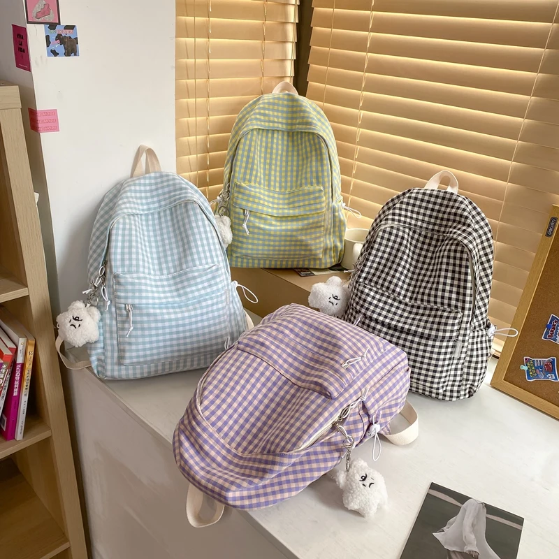 

College Students Waterproof Nylon Backpack Schoolbag Girls Plaid Travel Double Shoulder Bag Female Cute Schoolbag