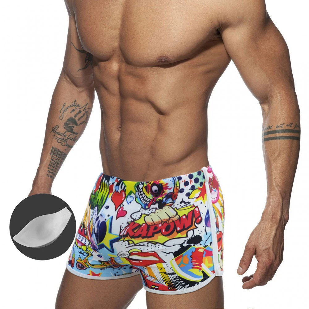 

With Push Pad Men's Cartoon Printed Swimming Trunks European American Fashion Boxer Swimming Trunks Summer Beach Surf Quick Dry