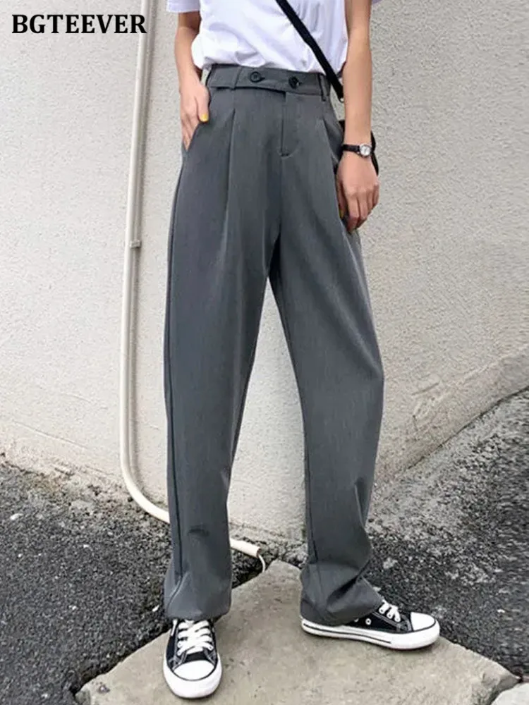 

Брюки BGTEEVER женские прямые с двумя пуговицами, стильные свободные длинные брюки с завышенной талией, с карманами, с широкими штанинами, весна...