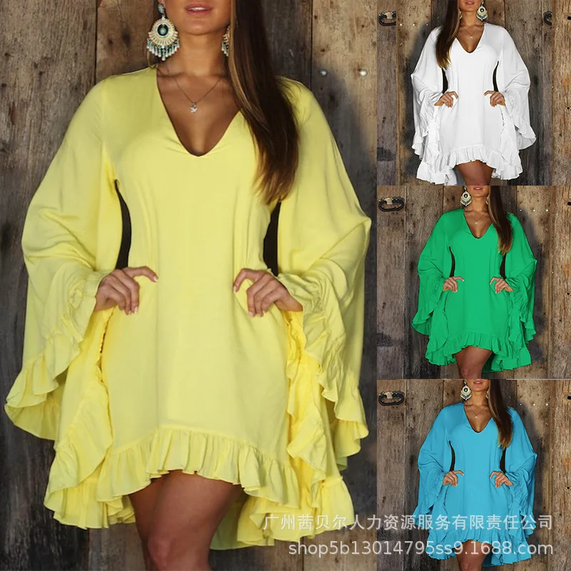 

Women Elegant Fashion Summer Ruffle Vacation Dress Casual Long Flare Sleeve V Neck Corset Bohemian Dress Streetwear Y2K Clothes