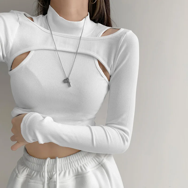 

GGRIGHT Fashion Trend Solid Color Fake Two-piece Skinny Stretch T-shirt Streetwear Half High Neck Long Sleeve Sexy Tops