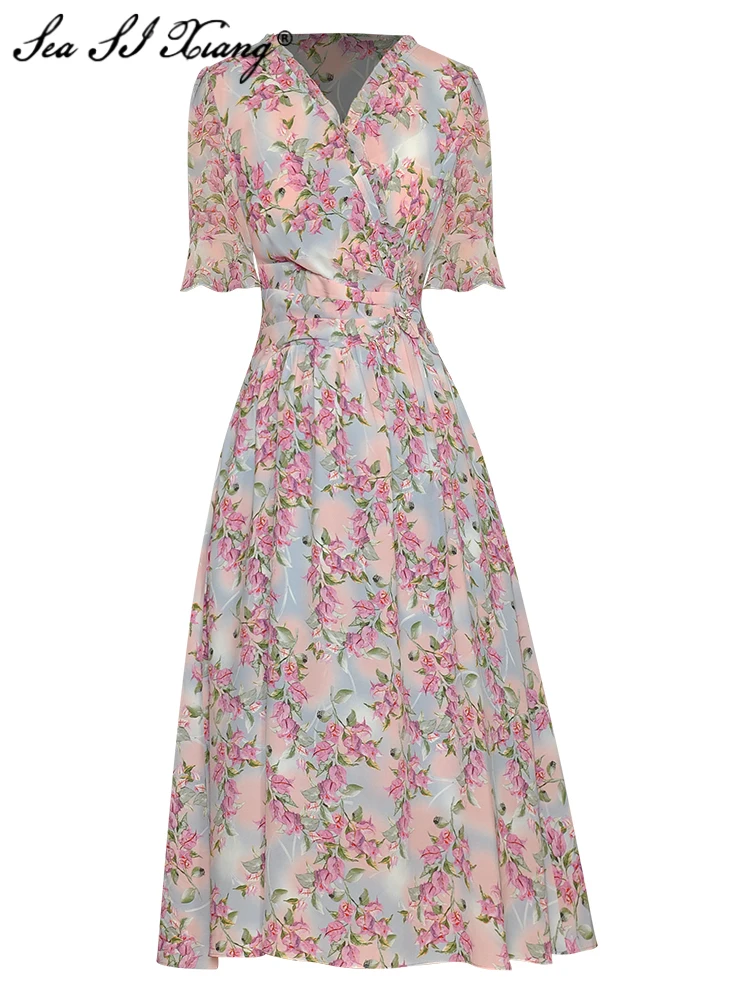 

Женское винтажное платье миди Seasixiang, дизайнерское летнее платье с V-образным вырезом, расшитое бисером, аппликацией и цветочным принтом