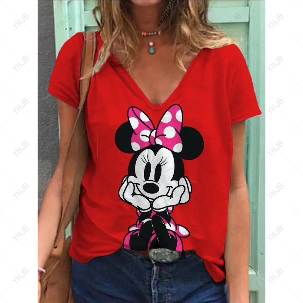 

Summer T Shirt For Women V Neck Casual Disney Minnie Mickey Mouse Print New Tees Harajuku Clothing Loose Female Fashion Tops