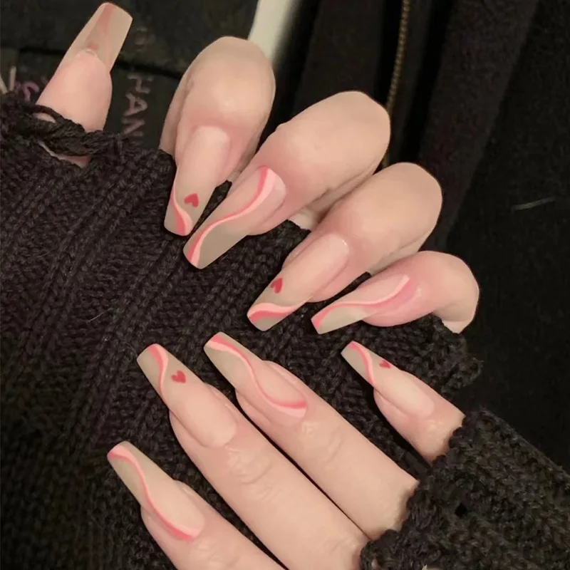

24Pcs/Box Long Coffin Press On Nails Square Heart Fake Nails Press On Acrylic Nails Long False Nails Set Press On Nail Art