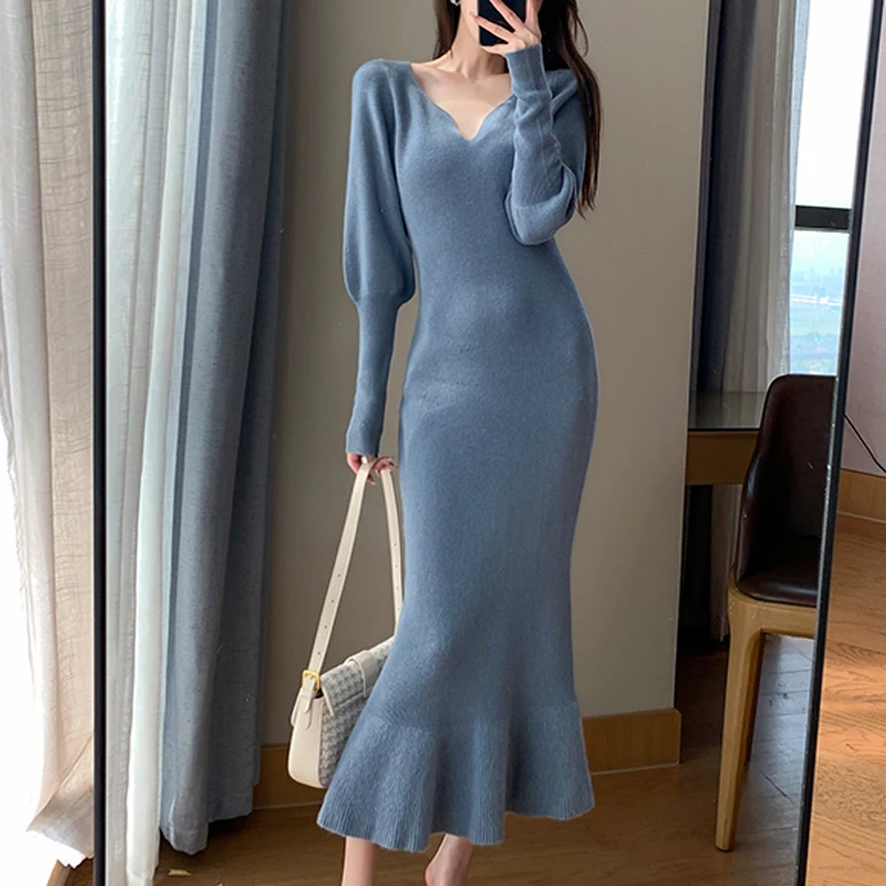 

Winter Elegant Mermaid Sweater Long Dress Women Vintage V-neck Knitted Warm Y2K Dress Korean Casual Chic Dress for New Year 2022