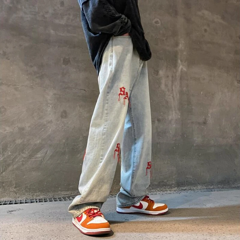 New Light Blue Embroidery Men Jeans Straight Fashion Casual Loose Trousers High Street Hip Hop Male Denim Pants