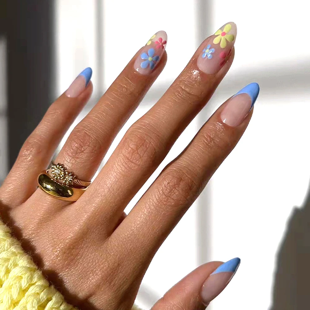 

24 шт. блестящие нежные синие края искусственные ногти Красочные цветы искусственные ногти для женщин искусственный полный Чехол Съемная кр...