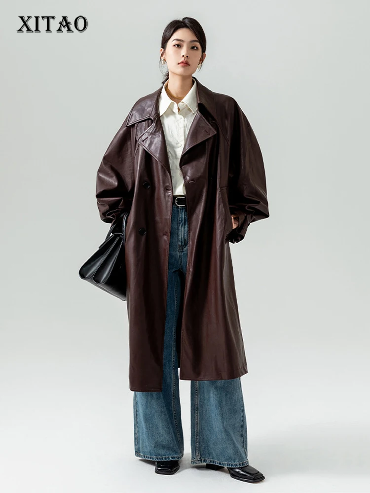 

XITAO модное женское однотонное двубортное пальто из искусственной кожи с отложным воротником ZY8085