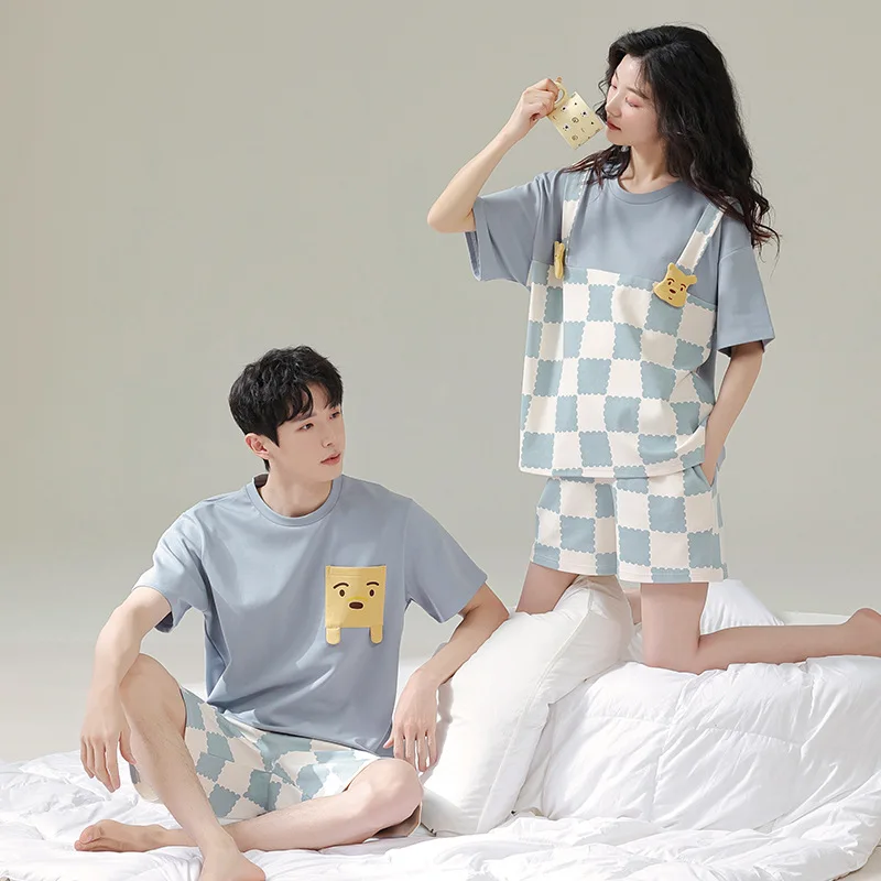Pajamas for Couples Matching Summer Pure Cotton Short-sleeved Shorts Cute Bear Home Service Suit Breathable and Soft Loungewear