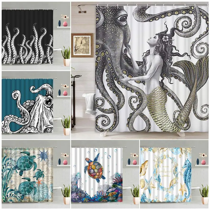 

Mermaid Octopus Shower Curtain Set Abstract Ocean Nautical Fantasy Animals Tentacle Sea Turtle Bath Curtains Bathroom Decor Sets