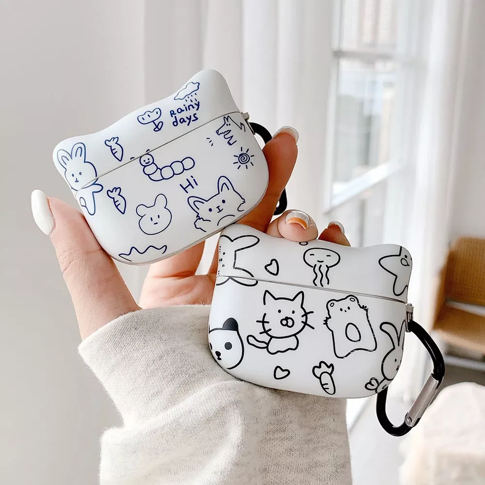 

Cat Head Design Earphone Case For AirPods 2 Pro 1 3 Simple Painting Cute Animal Soft TPU Cover Headset Accessories Funda Shell
