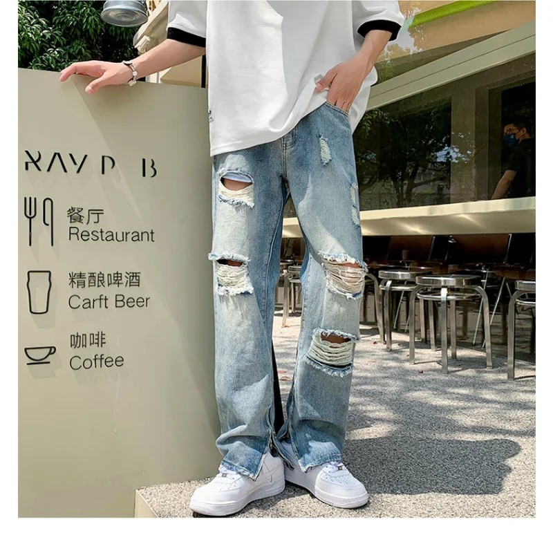 American High Street Fashion Ripped Pants Split Hole Jeans Men's Summer Retro High Street Straight Pants Is Loose Thin Jeans