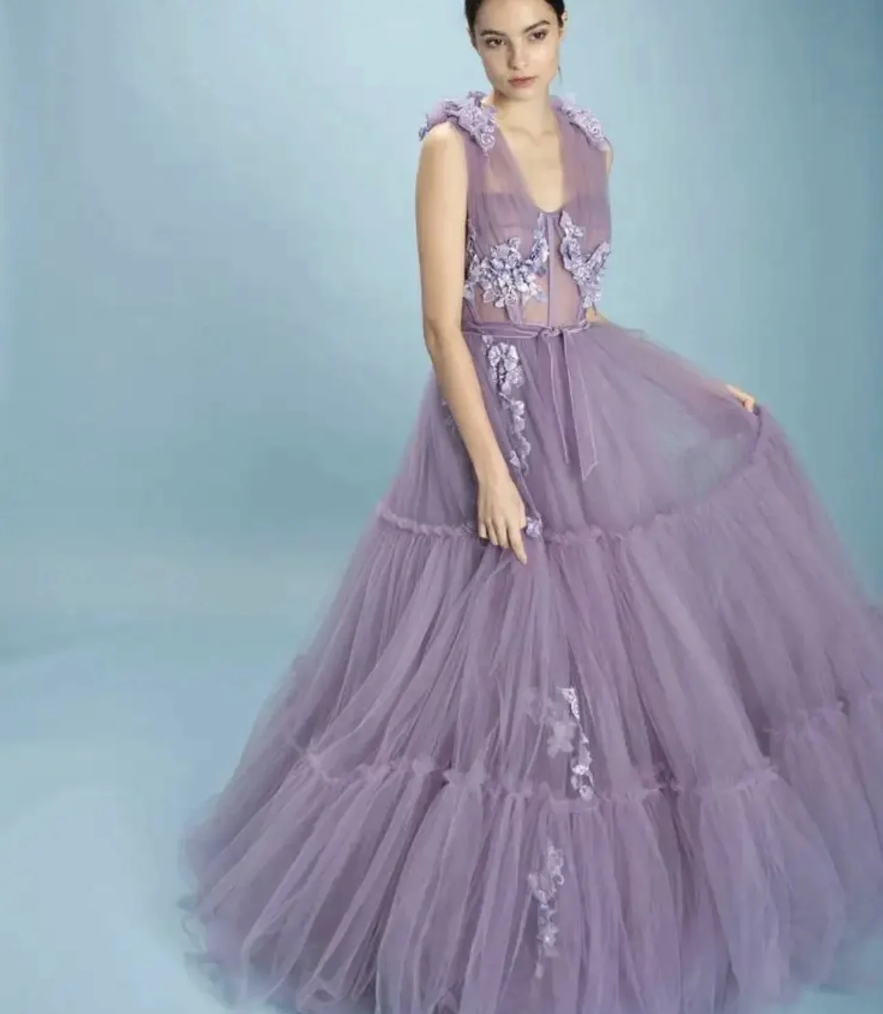 

Dathy Deep V-shaped Purple Tulle Floral Translucent Handmade Skirt Dresses For Women 2023