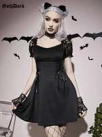 goth dark mall gothic tie up lace patchwork dresses for women grunge short sleeve black partywear egirl slim alternative clothes